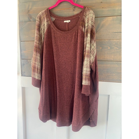 Maurices 2X Pullover Top Plaid Raglan Sleeve Knit Tunic Maroon Oversized Blouse - Picture 6 of 6